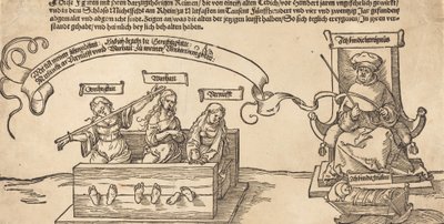 Justice, Truth and Reason in the Stocks with the Seated Judge and Sleeping Piety, probably 1526 by Albrecht Dürer