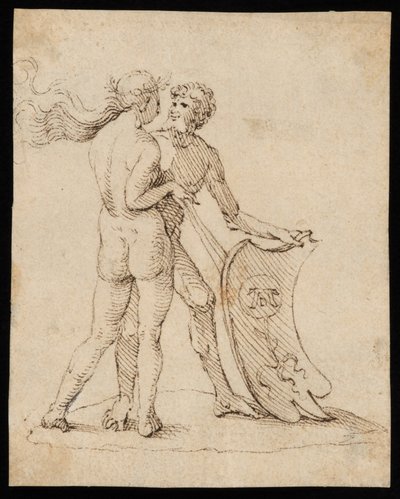 Naked woman and man with the shield featuring the coat of arms of Willibald Pirckheimer by Albrecht Dürer