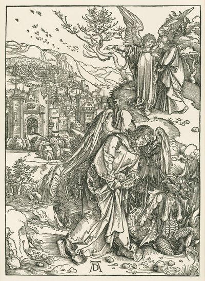 The Angel with the Key hurling the Dragon into the Abyss and another Angel showing Saint John the New Jerusalem by Albrecht Dürer or Duerer