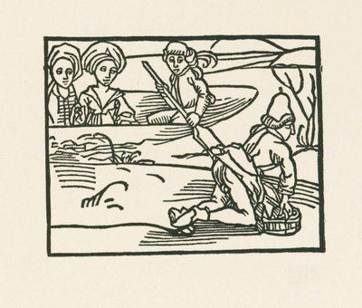 The duchess is in a boat on the water where the Priest is washing his undergarments by Albrecht Dürer or Duerer