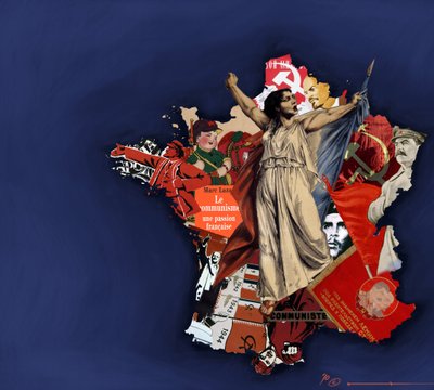 A Marianne against a background of communist collage. Allegory of Communism in France. 2010 by Alessandro Lonati