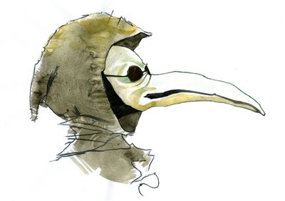 A plague doctor wearing a beak-like mask by Alessandro Lonati