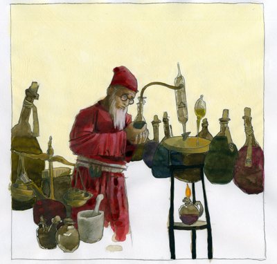 Alchemist in His Laboratory Surrounded by Vials and Stills by Alessandro Lonati
