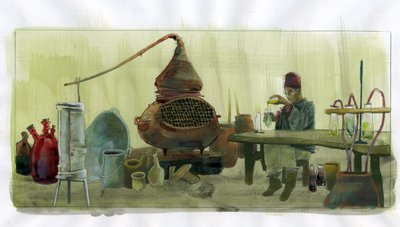 Alchemist in his laboratory with jars and still by Alessandro Lonati