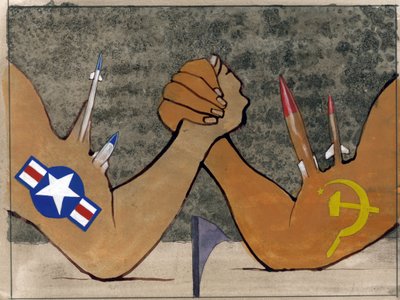 Allegorical representation of the cold war as an arm wrestling between armed forces of America and Soviet union by Alessandro Lonati