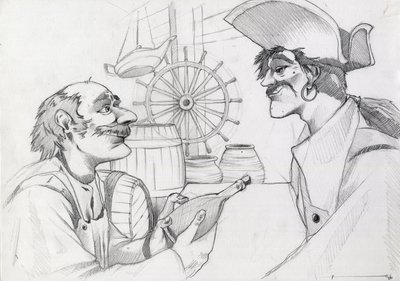 Caribbean pirate in an inn with a bottle by Alessandro Lonati