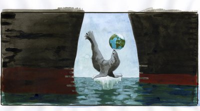 Ecology and Climate Warming: Melting Ice, a Seal Playing with the Planet on Its Snout, Rests on the Last Little Tip of Iceberg; Around It the Hulls of Oil Tankers Threaten It - Allegory Representing the Planet in Equilibrium by Alessandro Lonati