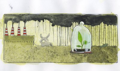 Ecology, pollution: a small green plant kept in a bell surrounded by animal skeletons, in an environment contaminated by factory chimneys by Alessandro Lonati