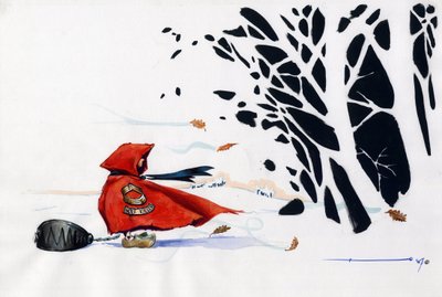 Fable of the Little Red Riding Hood by Charles Perrault: the Red Riding Hood entering the forest with a wolf trap by Alessandro Lonati
