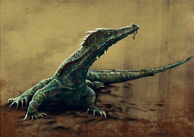 Fantastic monsters and creatures, cryptozoology: representation of a buru, a large lizard seen in northeast India by Alessandro Lonati