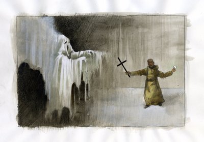 Fight between a monk holding a crucifix and a ghost by Alessandro Lonati