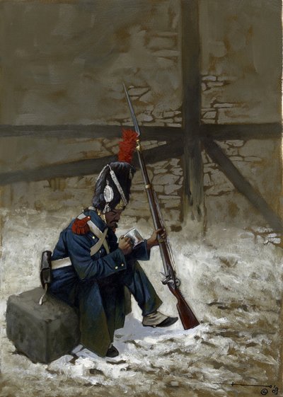 First Empire: Guard grenadier in a coat sitting in the snow by Alessandro Lonati