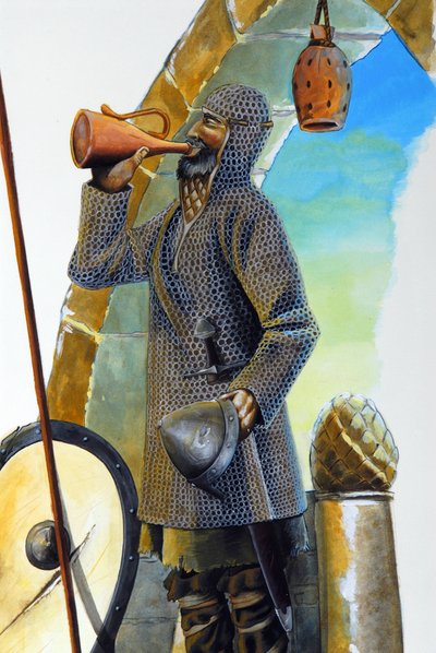First crusade: a knight at rest, equipped with his coat of mail, drinking from a carafe, with his shield and spear nearby by Alessandro Lonati
