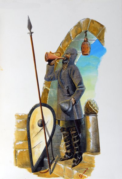 First crusade: a knight at rest, equipped with his coat of mail, drinking from a carafe, with his shield and spear nearby by Alessandro Lonati