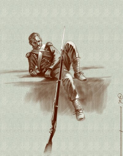 First Empire: light infantry soldier at rest during a campaign of Napoleon I, early 19th century by Alessandro Lonati