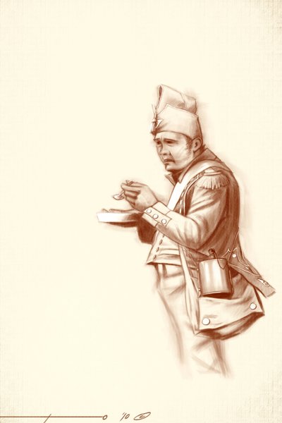 First Empire: light infantry soldier during a meal during a campaign of Napoleon I, early 19th century by Alessandro Lonati
