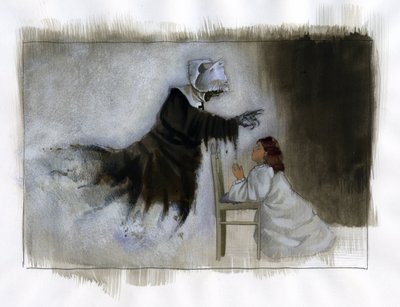 Ghost of an elderly nun with crooked hands appears to a little girl praying by Alessandro Lonati