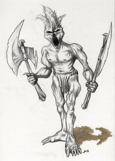 Legendary monster for Fantasy Illustration: troll warrior with axes by Alessandro Lonati