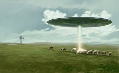 Mysterious phenomena: a flying saucer abducting a sheep by Alessandro Lonati