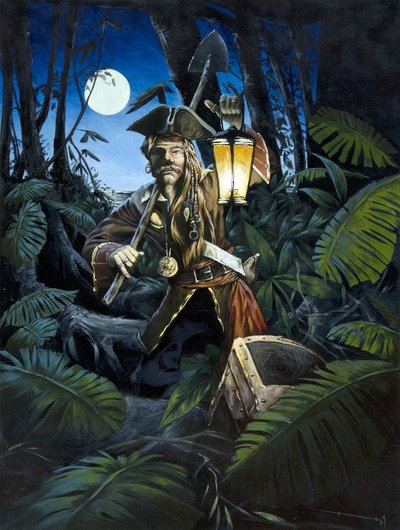 Pirate of the Caribbean with lantern, in the night, hiding his treasure in the forest of an island by Alessandro Lonati
