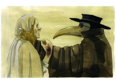 Plague doctor wearing a beak-like mask which was filled with aromatic items in front of a victim by Alessandro Lonati