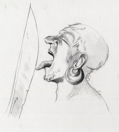 Portrait of a pirate (privateer) defying the sword by touching it with the tongue by Alessandro Lonati