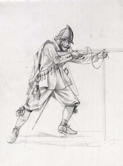 Portrait of a vessel soldier of the 17th century putting himself in a firing position by Alessandro Lonati