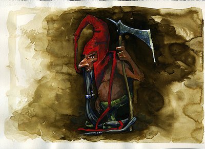 Representation of a Red Cap, legendary malevolent creature of the Goblin family from British folklore by Alessandro Lonati