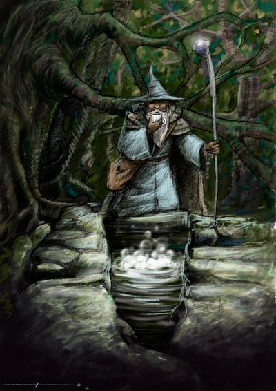 Representation of a druid drinking at the wonderful fountain of Barenton, in the forest of Broceliande by Alessandro Lonati
