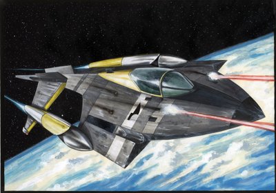 Science fiction illustration: Space spaceship with the conquest of space or universe pulls laser rays over planet Earth by Alessandro Lonati
