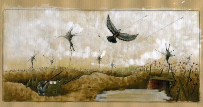 WWI: a German soldier shooting at a homing pigeon carrying a message by Alessandro Lonati
