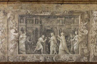 Monochrome fresco reproducing theatrical productions by Alessandro Maganza