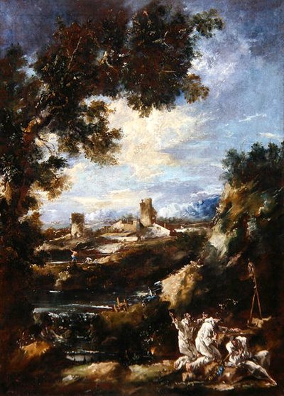 Landscape with Carmelite Friars Praying at a Roadside Shrine by Alessandro Magnasco