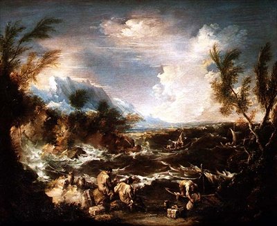 Rocky Coast in a Storm with Hermit Monks Receiving Stores by Alessandro Magnasco