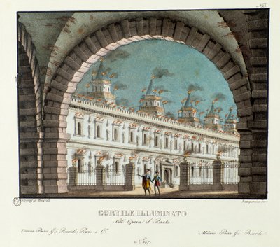 View of the large illuminated courtyard for the opera Il pirata by Alessandro Sanquirico
