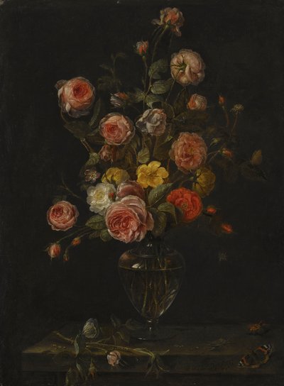 A Still Life with Red, White and Pink Roses in a Glass Vase over a Stone Ledge with Butterflies, a Grasshopper and a Beetle by Alexander Adriaenssen