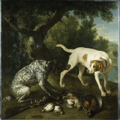 Two pointers belonging to the 3rd Earl of Burlington with dead game in a landscape by Alexandre Francois Desportes