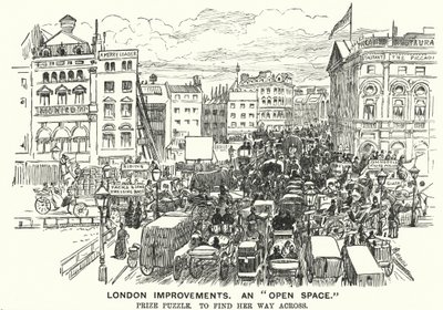 Punch cartoon: London Improvements. An "Open Space"- traffic congestion in Victorian London (engraving) by Alfred Chantrey Corbould