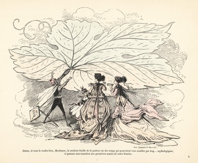 Man throwing away a huge fig leaf in front of three women by Alfred Grevin