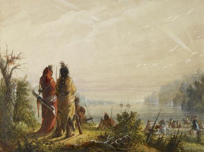 Indians Threatening to Attack Fur Boats by Alfred Jacob Miller