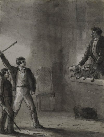 Two Boys with Raised Sticks as a Man and Dogs Peer from a Window by Alfred Jacob Miller