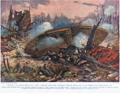 Captain A.M. Inglis brings his tank forward over very difficult ground after one of its wheels had been blown off, illustration from 