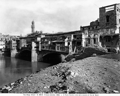 World War II: the Ponte Vecchio, seen from the rubble of Borgo S. Jacopo, in Florence after the bombing. This photograph was formerly part of the Brogi Collection, but now belongs to the Alinari Collection by Fratelli Alinari