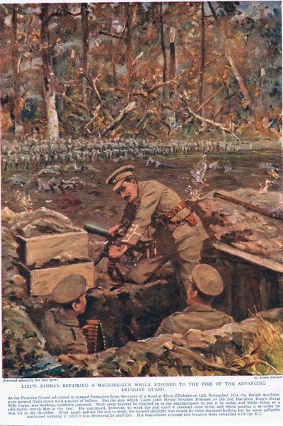 Lieutenant Dimmer repairing a machine-gun while exposed to the fire of the advancing Prussian Guard, illustration from 