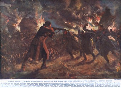 Private Meston attacking, single-handed, several of the enemy who were advancing, after capturing a British Trench, illustration from 