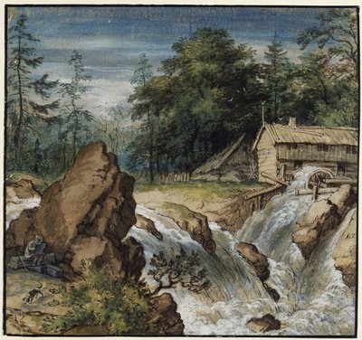 Nordic Landscape with a Draughtsman by a Waterfall by Allart van Everdingen