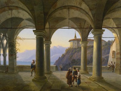 Pillar Terrace with People and View of a Mountain Lake by Alois Gustav Schulz