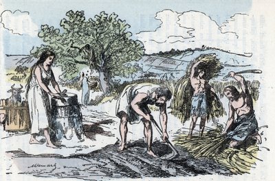 Daily life in Prehistory: scene of agricultural work in the age of iron Engraving from 