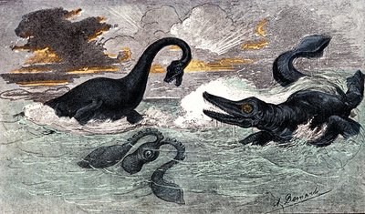 Lias Period (Lower Jurassic): Plesiosaur and Ichtyosaur by Alphonse Demarle