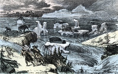 Prehistory; flooding in Central Europe at the end of the Ice Age Engraving from 